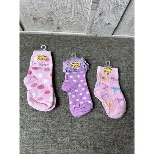 Country Kids Girls Socks Size 5-6 White Pink Purple Polka Dots Blue Cats 3 Pairs